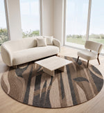 Brown, Beige & Charcoal Abstract Stripe Natural Wool Rug Round
