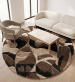 Beige, Grey & Black Abstract Stripe Wool Rug Round