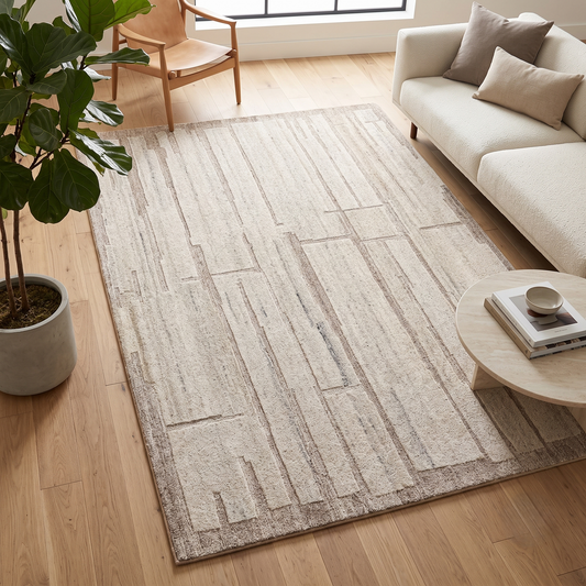 Ivory Beige Linear Textured Wool Rug Rectangular