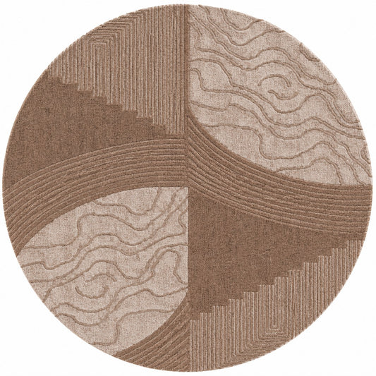 Brown, Beige & Black Abstract Leaf Pattern Wool Rug — Round 1
