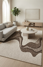 Ivory & Brown Abstract Wave Wool Rug Rectangular