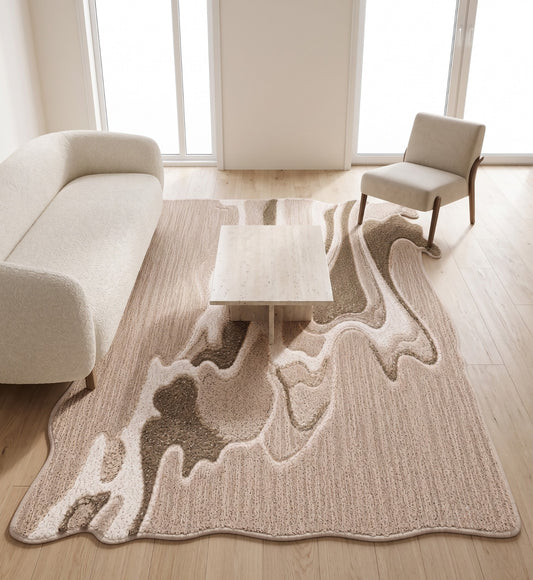 Beige & Ivory Abstract Organic Natural Wool Rug Shaped