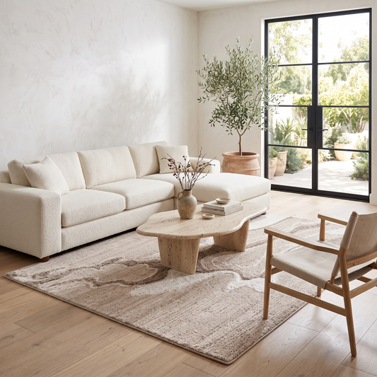 Beige & Ivory Abstract Organic Natural Wool Rug Rectangular