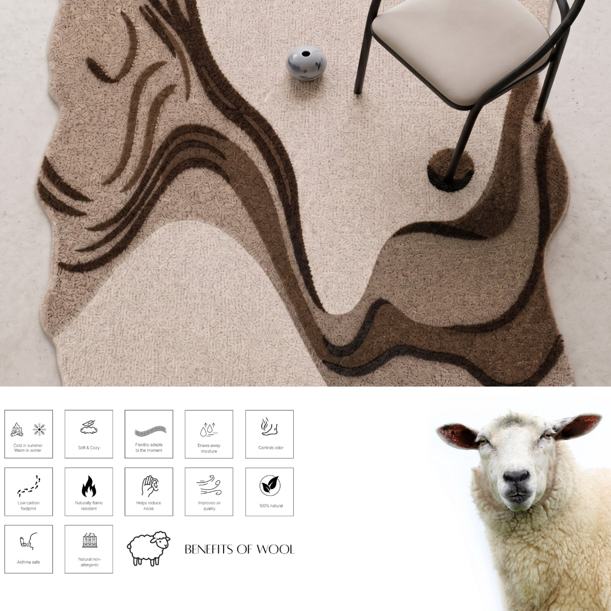 Ivory & Brown Abstract Wave Wool Rug — Shaped 2