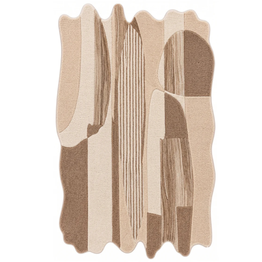 Ivory, Beige & Brown Geometric Border Wool Rug Shaped