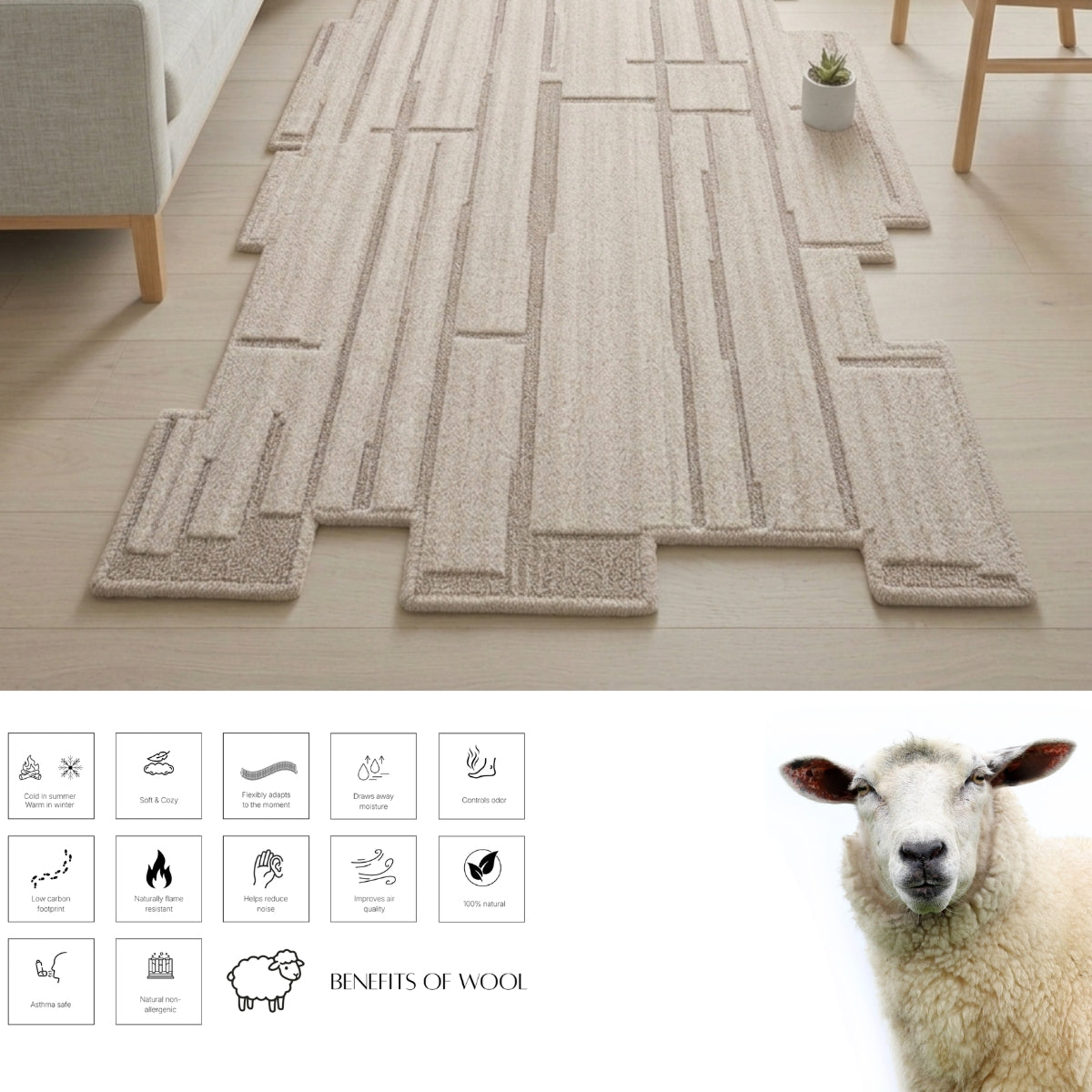 Ivory Beige Linear Textured Wool Rug — Shaped 2