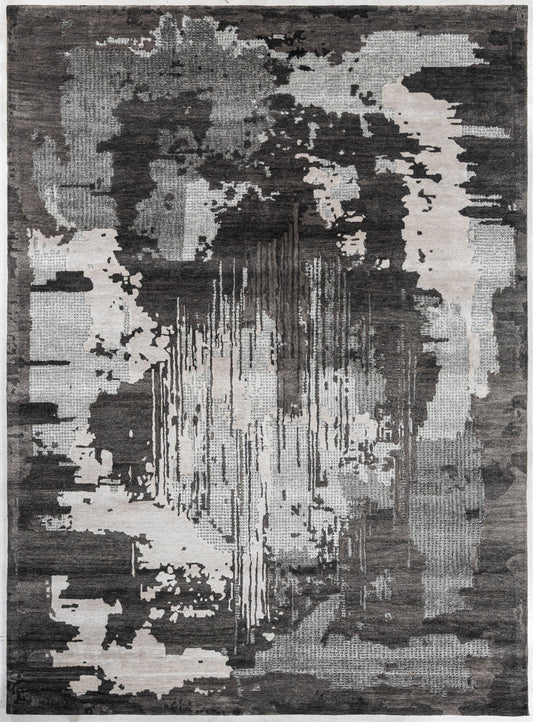 Walnut handmade wool and silk rug in charcoal, grey, ivory and taupe