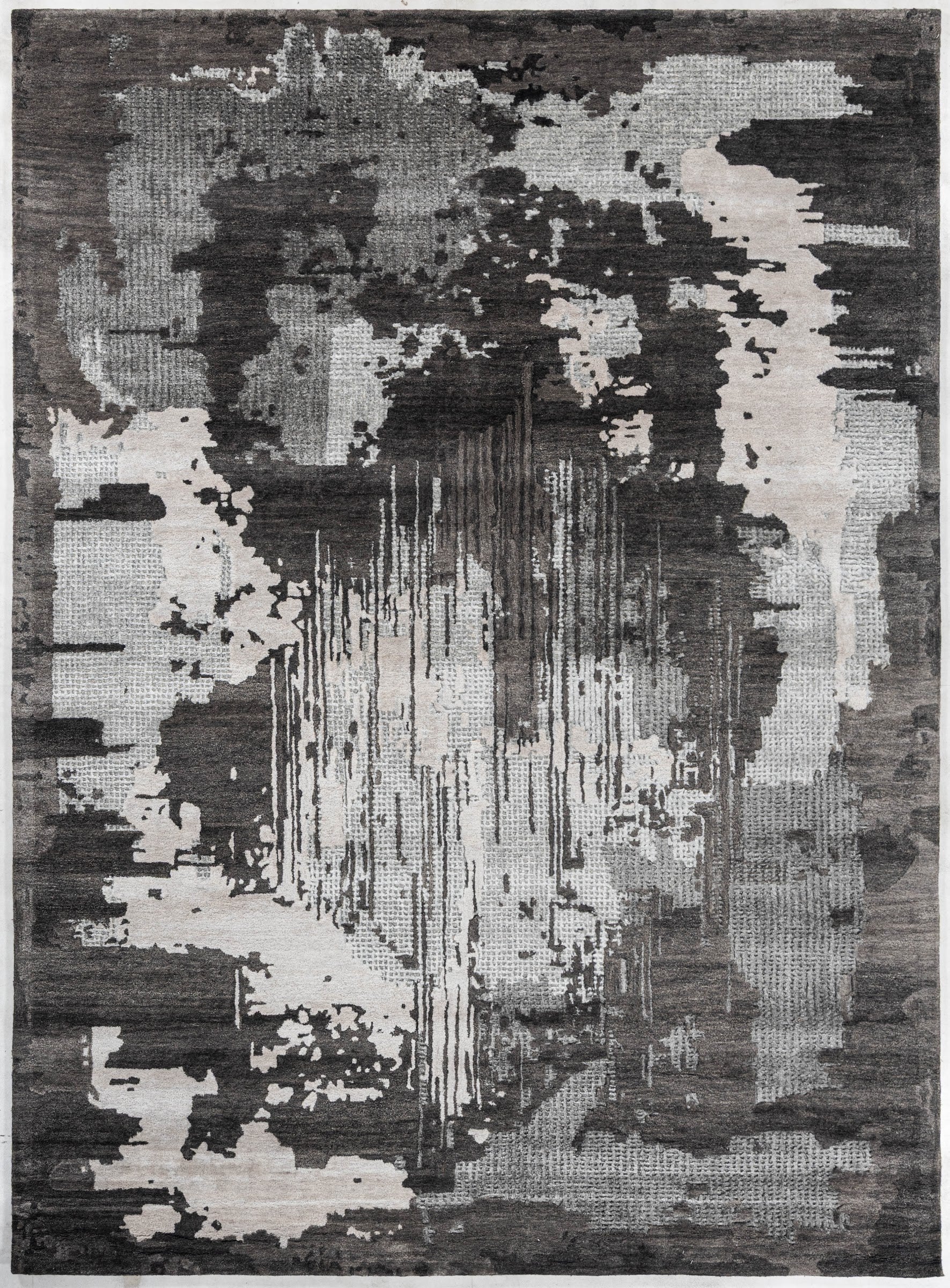 Walnut handmade wool and silk rug in charcoal, grey, ivory and taupe
