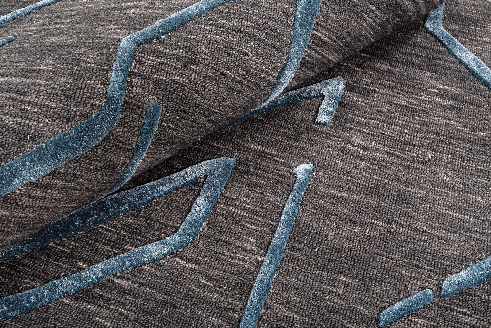 Black & Teal Abstract Geometric Wool Silk Rug — Round 5