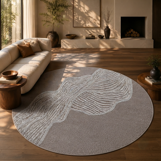 Ivory & Beige Abstract Wave Wool & Silk Rug Round