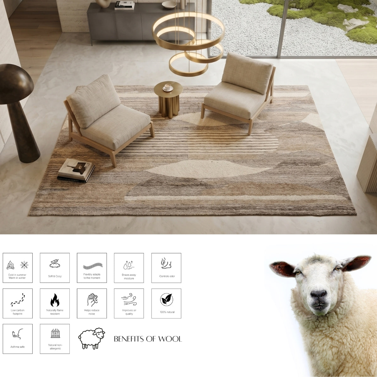 Ivory, Beige & Brown Geometric Border Wool Rug — Square 2