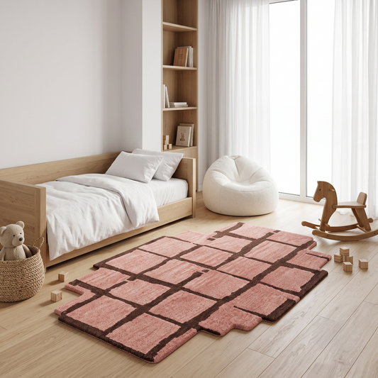 Blush Pink Modern Block Pattern Wool Rug Shaped