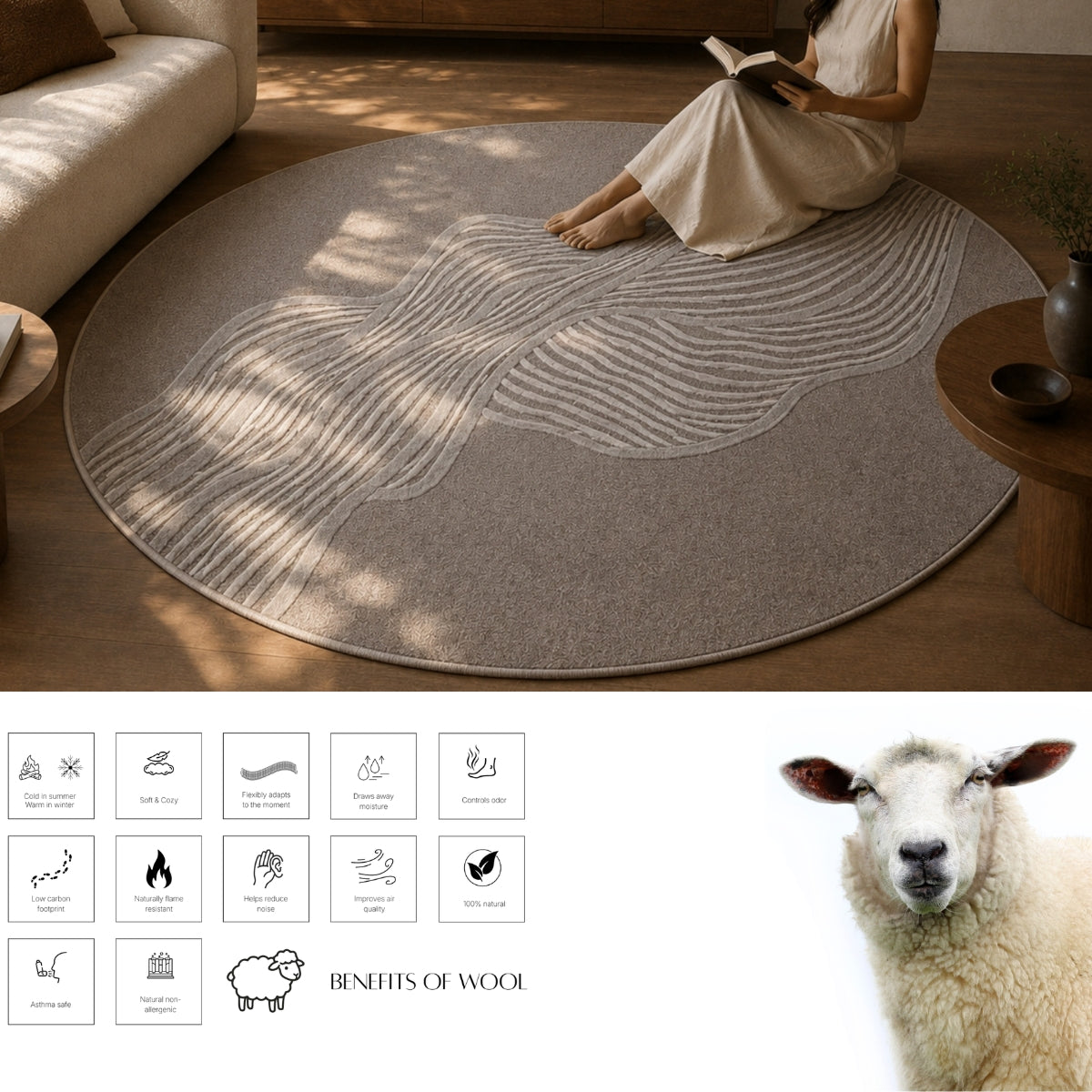 Ivory, Grey & Charcoal Abstract Flow Wool & Silk Rug — Round 3