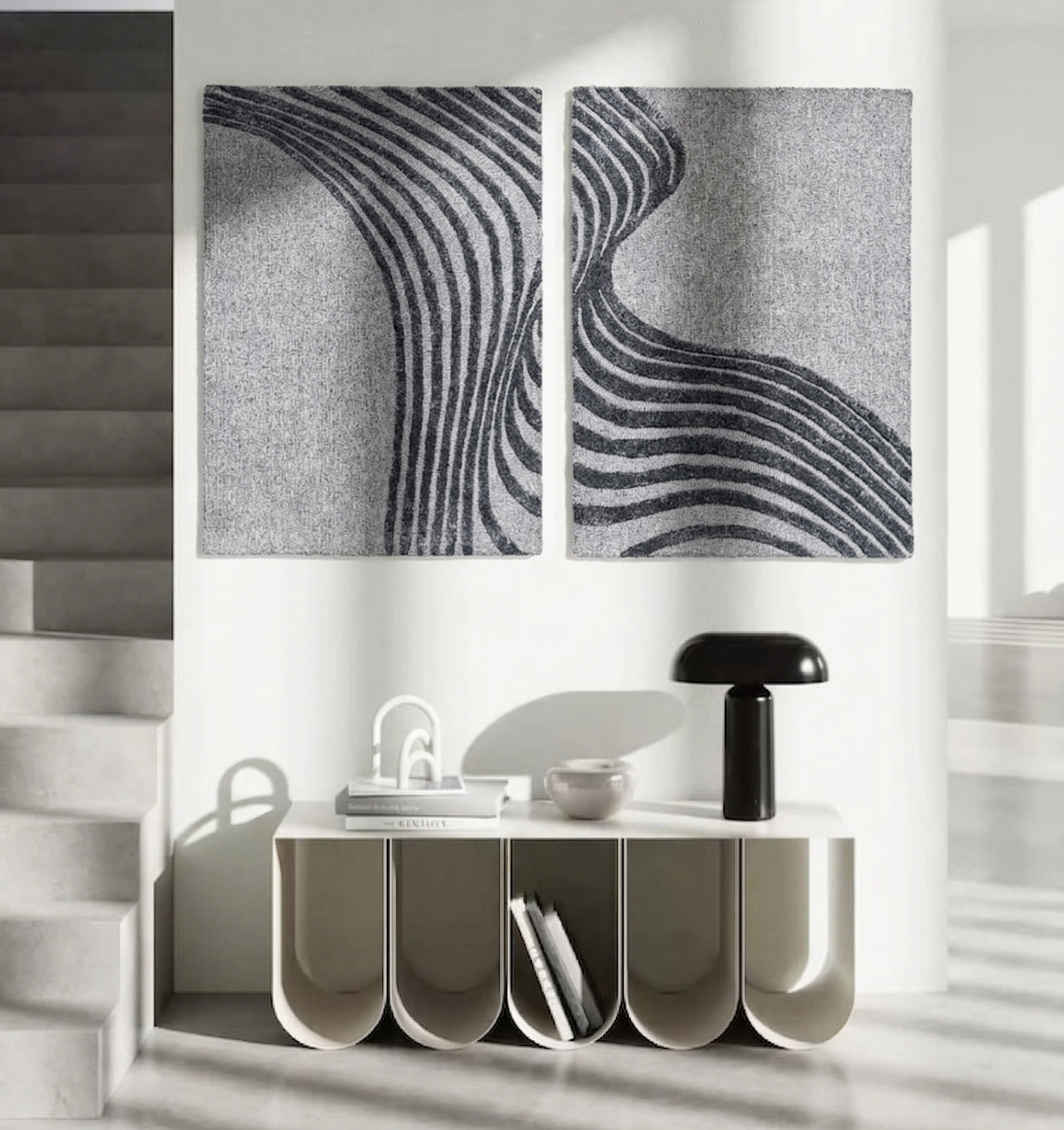 Charcoal Grey & Teal Abstract Line Wool Silk Wall Art (3-Panel Set) 6