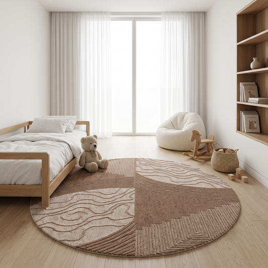 Brown & Beige  Abstract Leaf Pattern Wool Rug Round