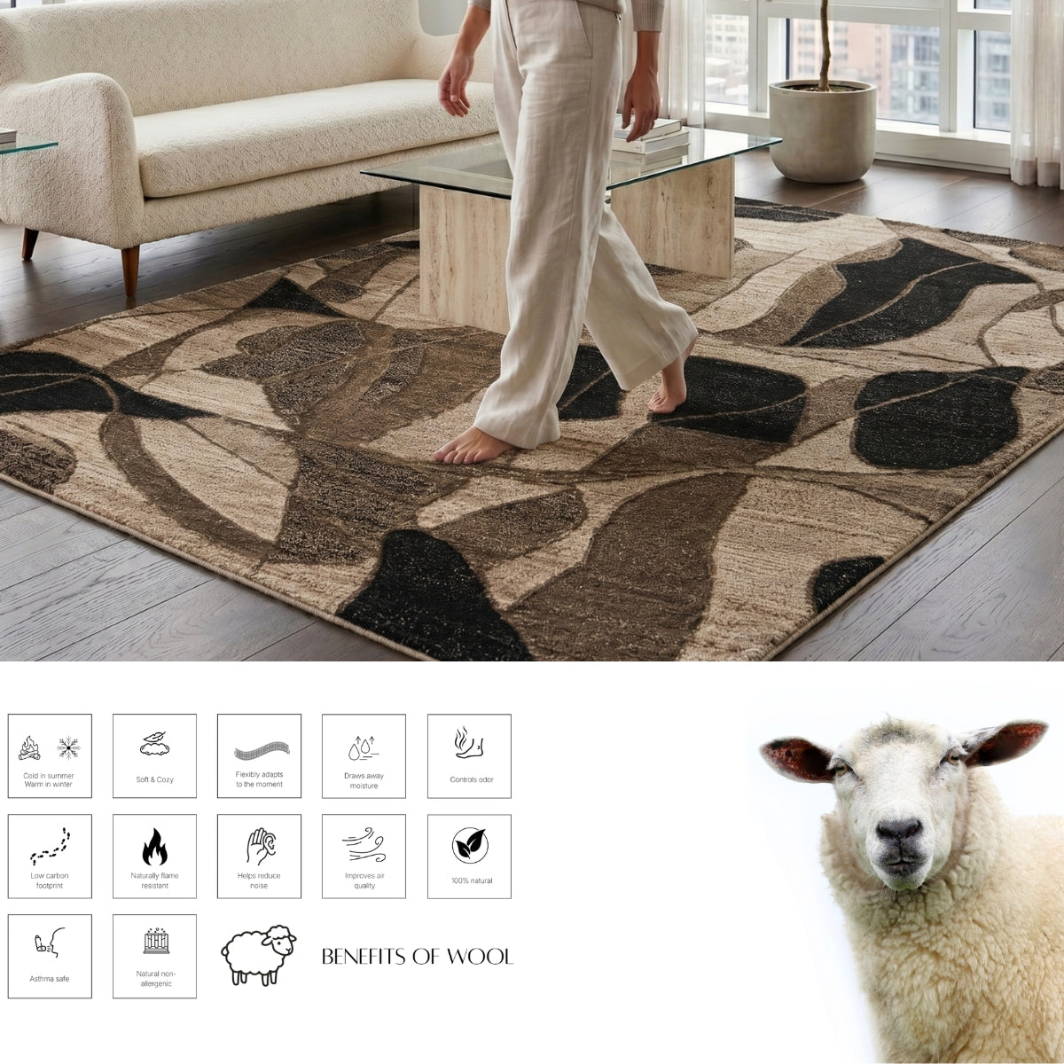 Beige, Grey & Black Abstract Stripe Wool Rug — Square 2