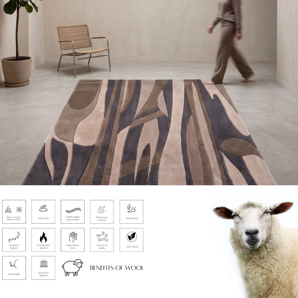 Brown, Beige & Charcoal Abstract Stripe Natural Wool Rug — Square 3