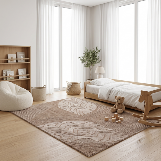 Brown, Beige & Black Abstract Leaf Pattern Wool Rug Rectangular