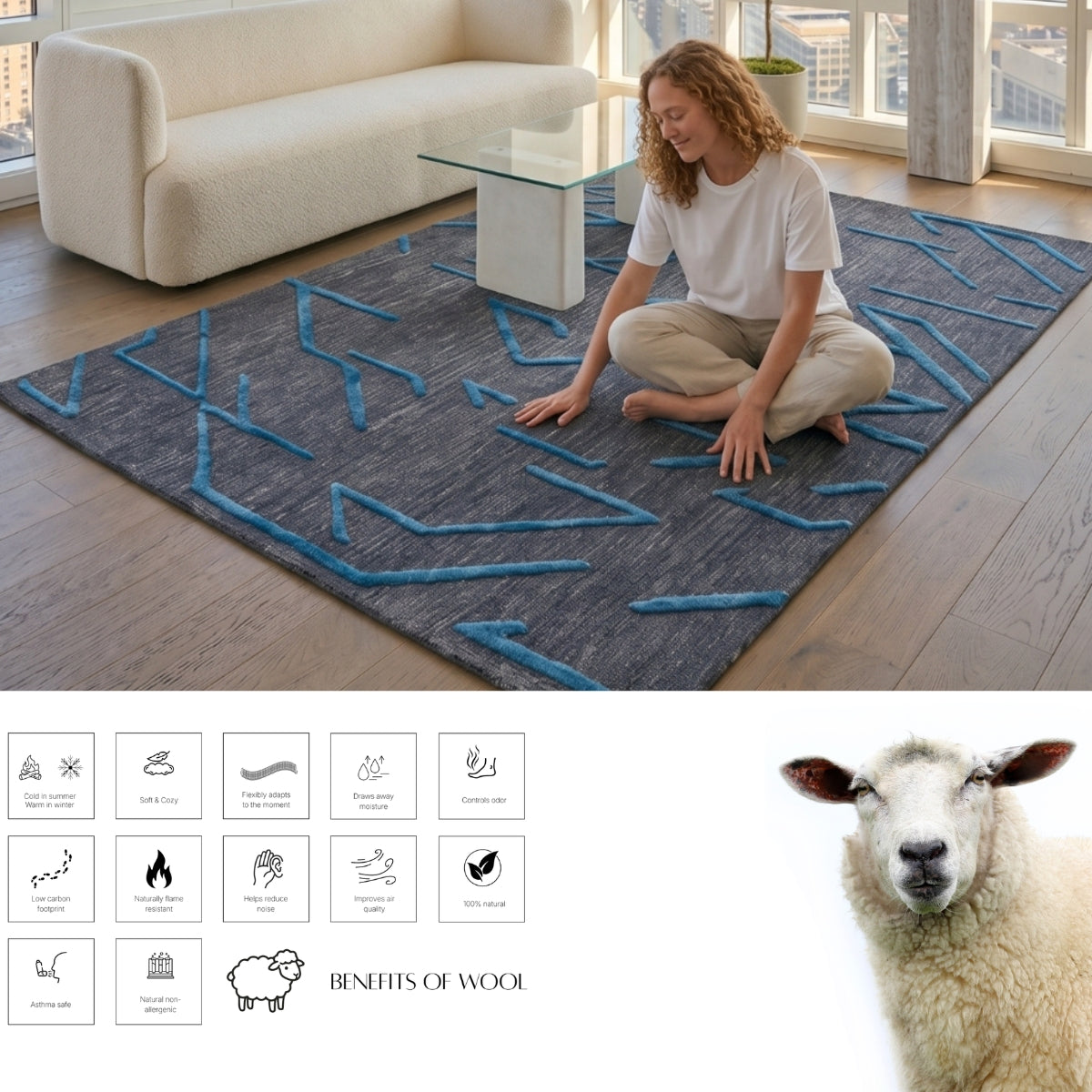 Black & Teal Abstract Geometric Wool Silk Rug — Square 2