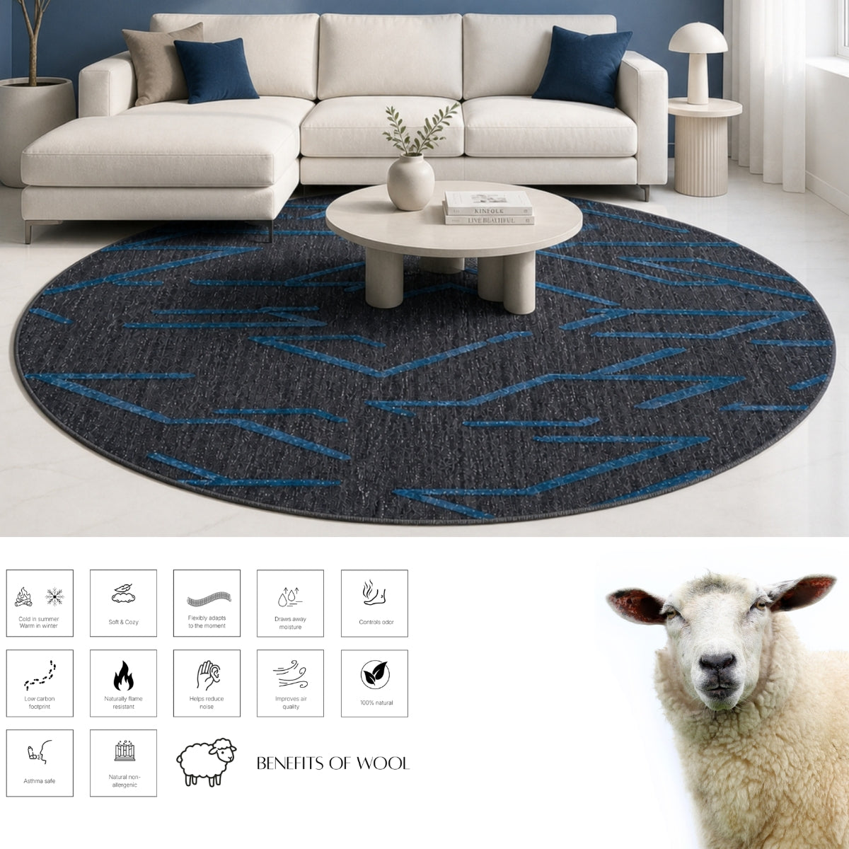 Black & Teal Abstract Geometric Wool Silk Rug — Round 2