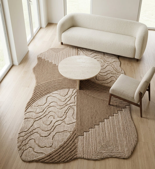 Brown & Beige Abstract Leaf Pattern Wool Rug Shaped