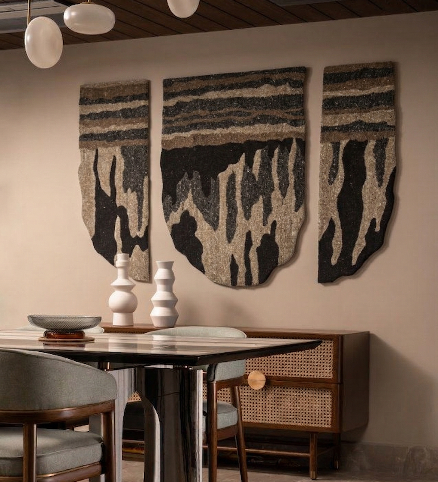 Beige & Black Abstract Stripe Wool Wall Art (3-Panel Set) 5