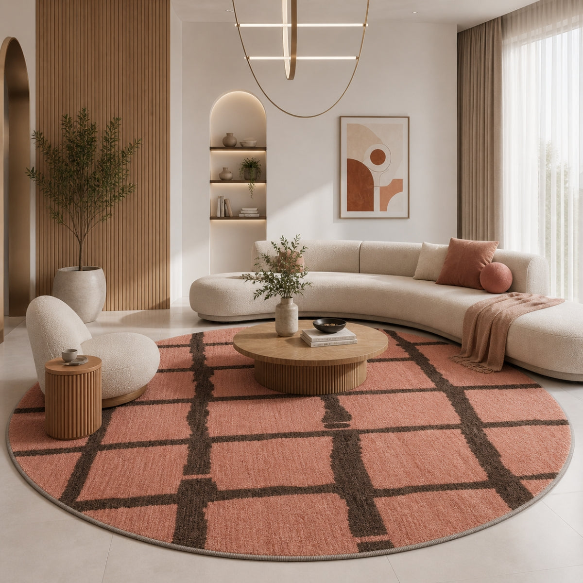 Blush Pink Modern Block Pattern Wool Rug — Round 2