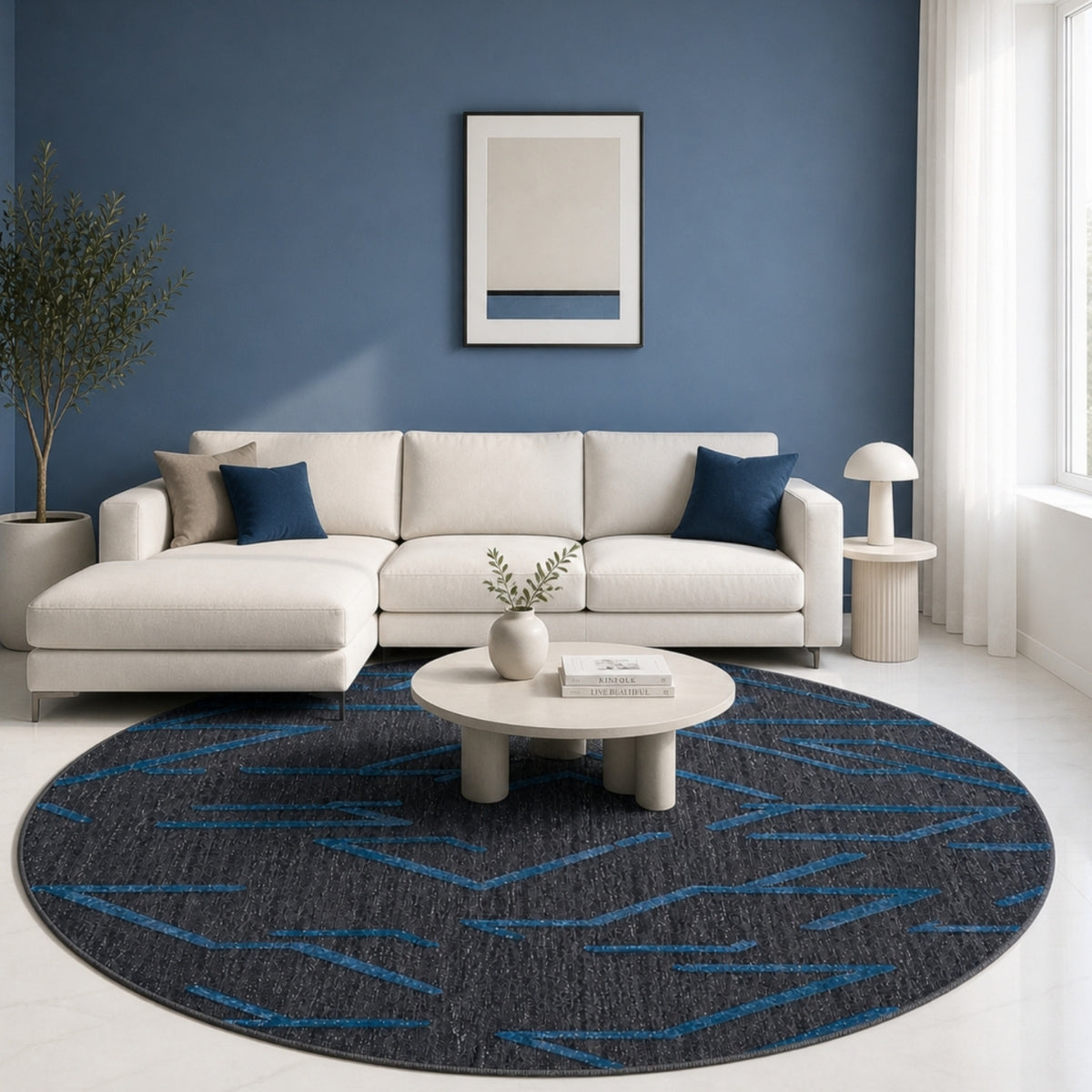 Black & Teal Abstract Geometric Wool Silk Rug — Round 1