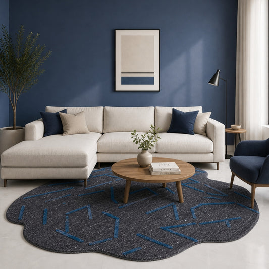 Black & Teal Abstract Geometric Wool Silk Rug — Shaped 1