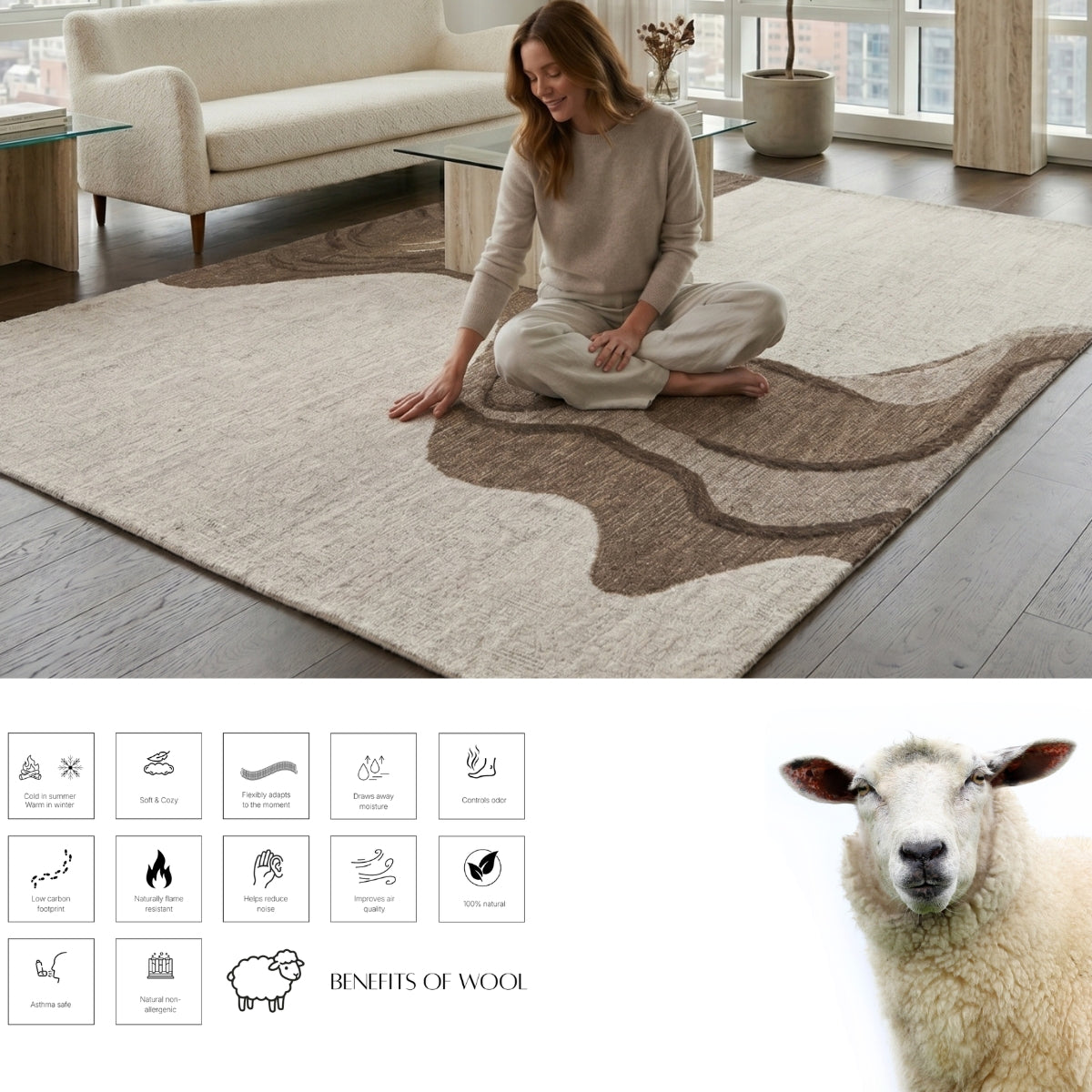 Ivory & Brown Abstract Wave Wool Rug — Square 1