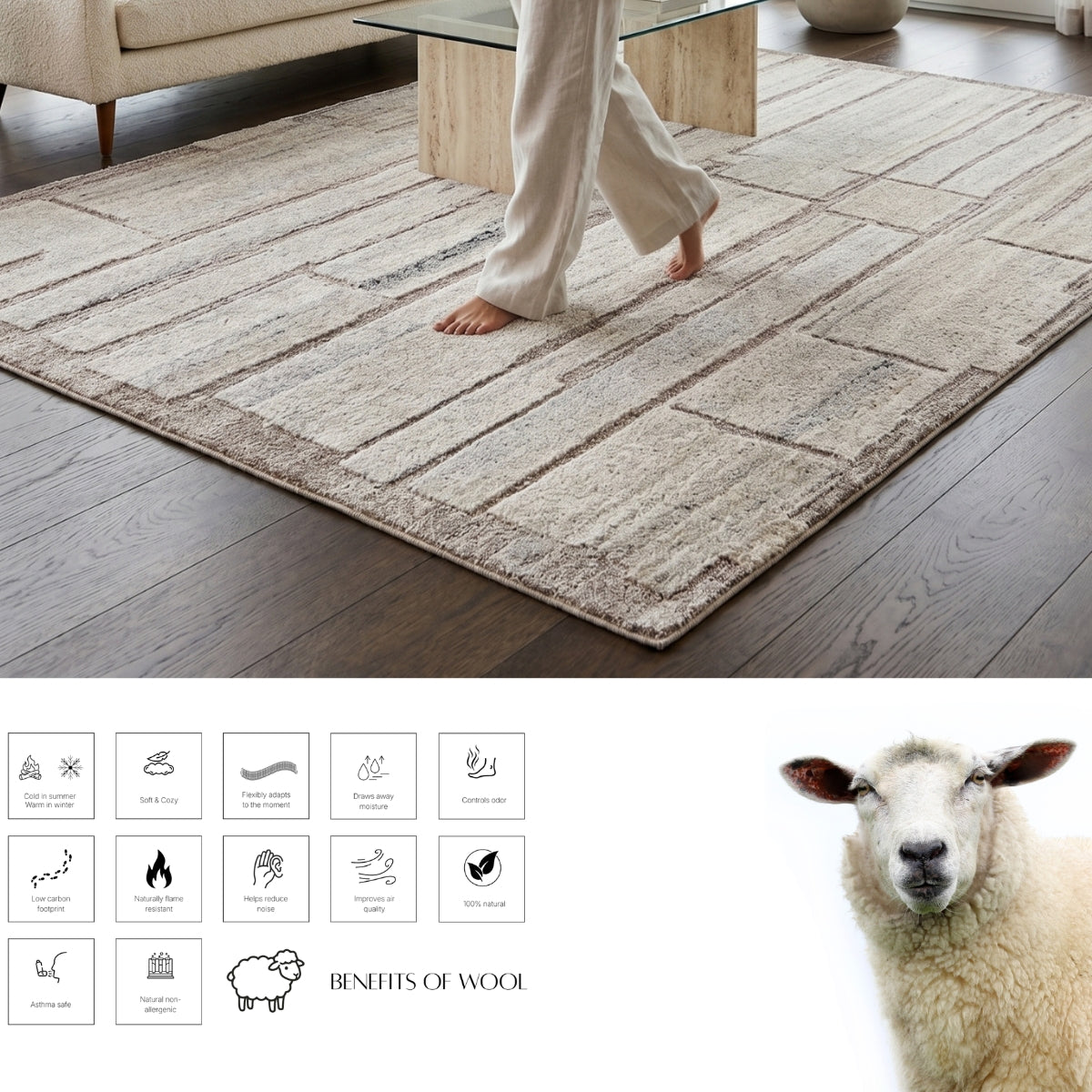 Ivory Beige Linear Textured Wool Rug — Square 2