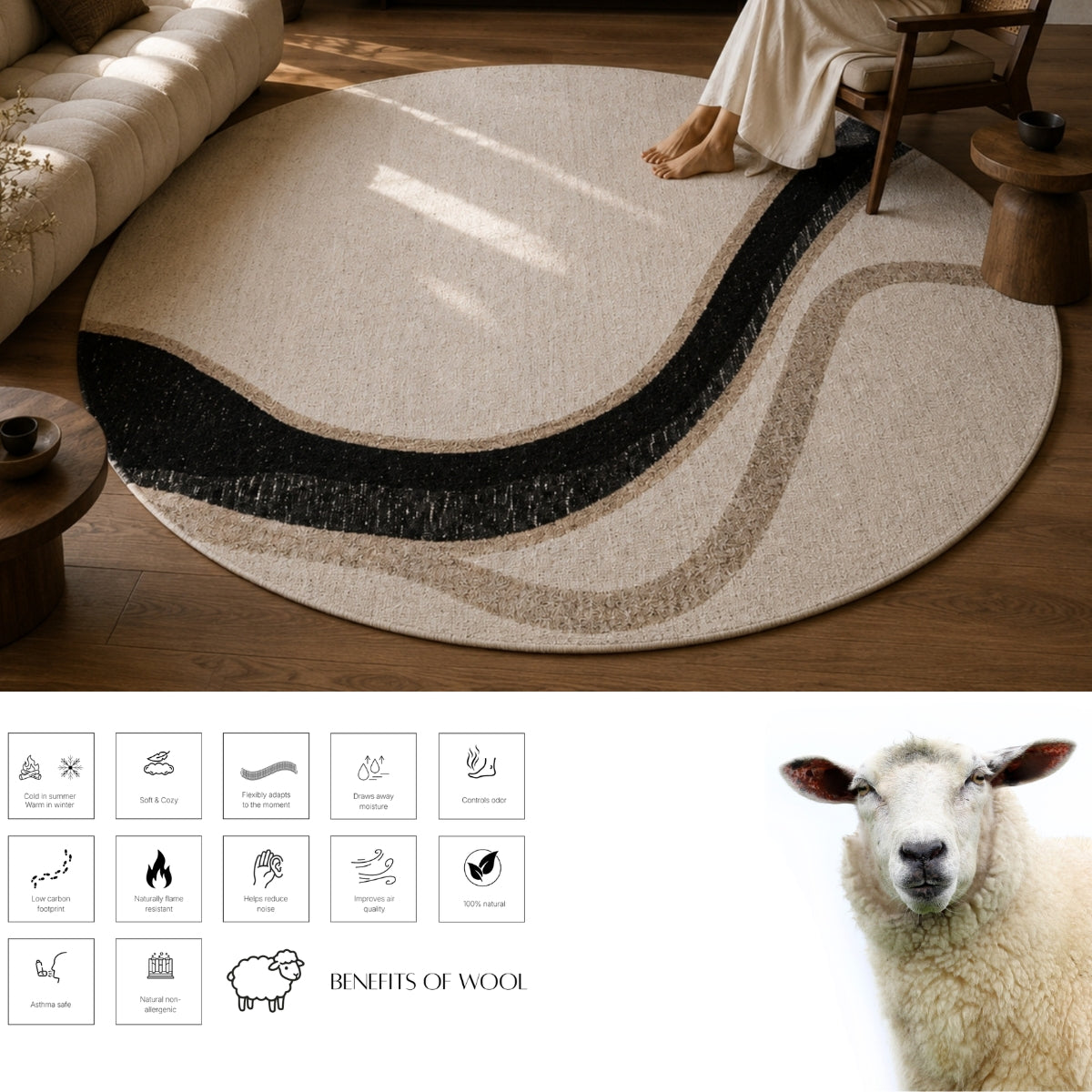 Taupe & Ivory Abstract Linear Wool & Silk Rug — Round 3