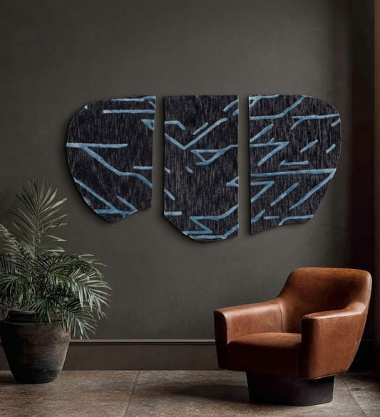 Charcoal Grey & Teal Abstract Line Wool Silk Wall Art (3-Panel Set) 6
