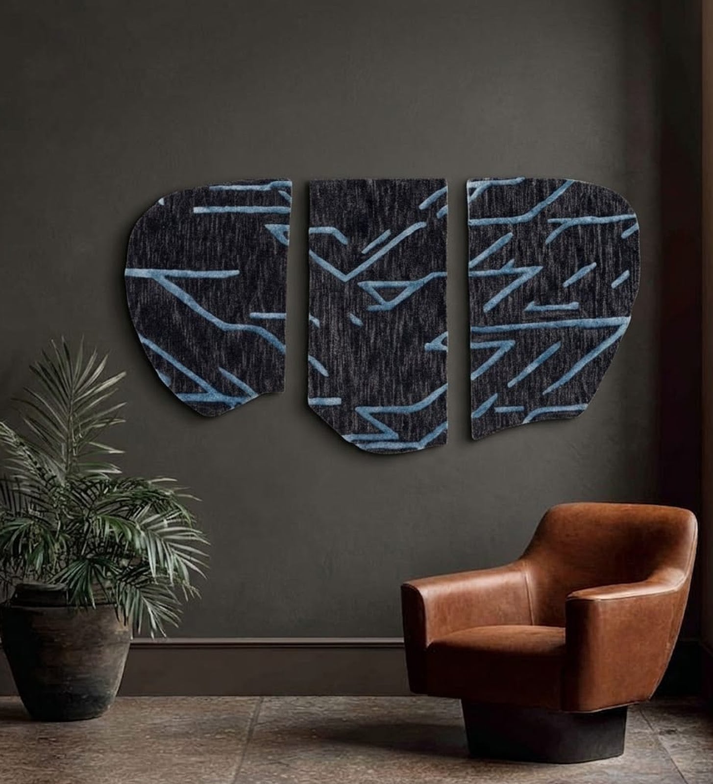 Charcoal Grey & Teal Abstract Line Wool Silk Wall Art (3-Panel Set) 6
