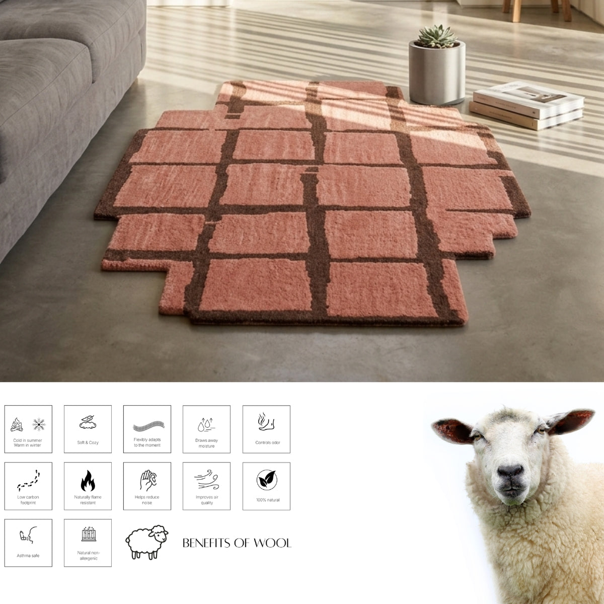 Blush Pink Modern Block Pattern Wool Rug — Shaped 2