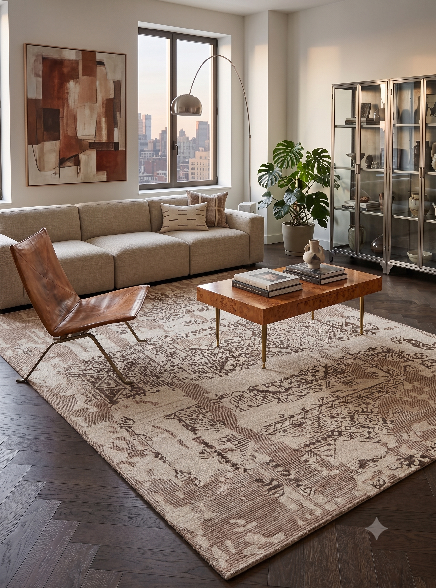 Ivory distressed traditional handmade wool and silk rug