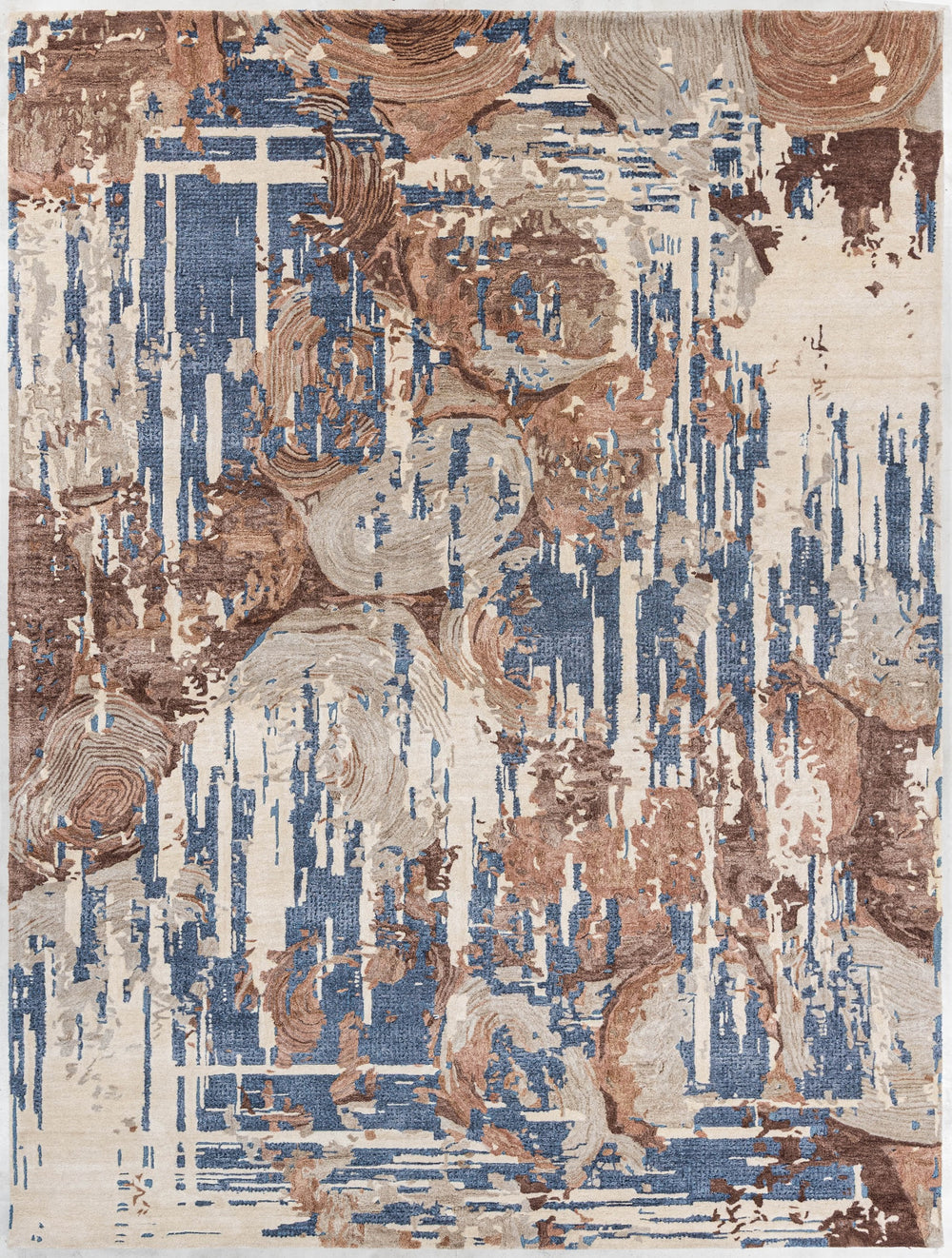 Ivory Brown handmade wool and silk rug in ivory, brown, taupe and denim blue