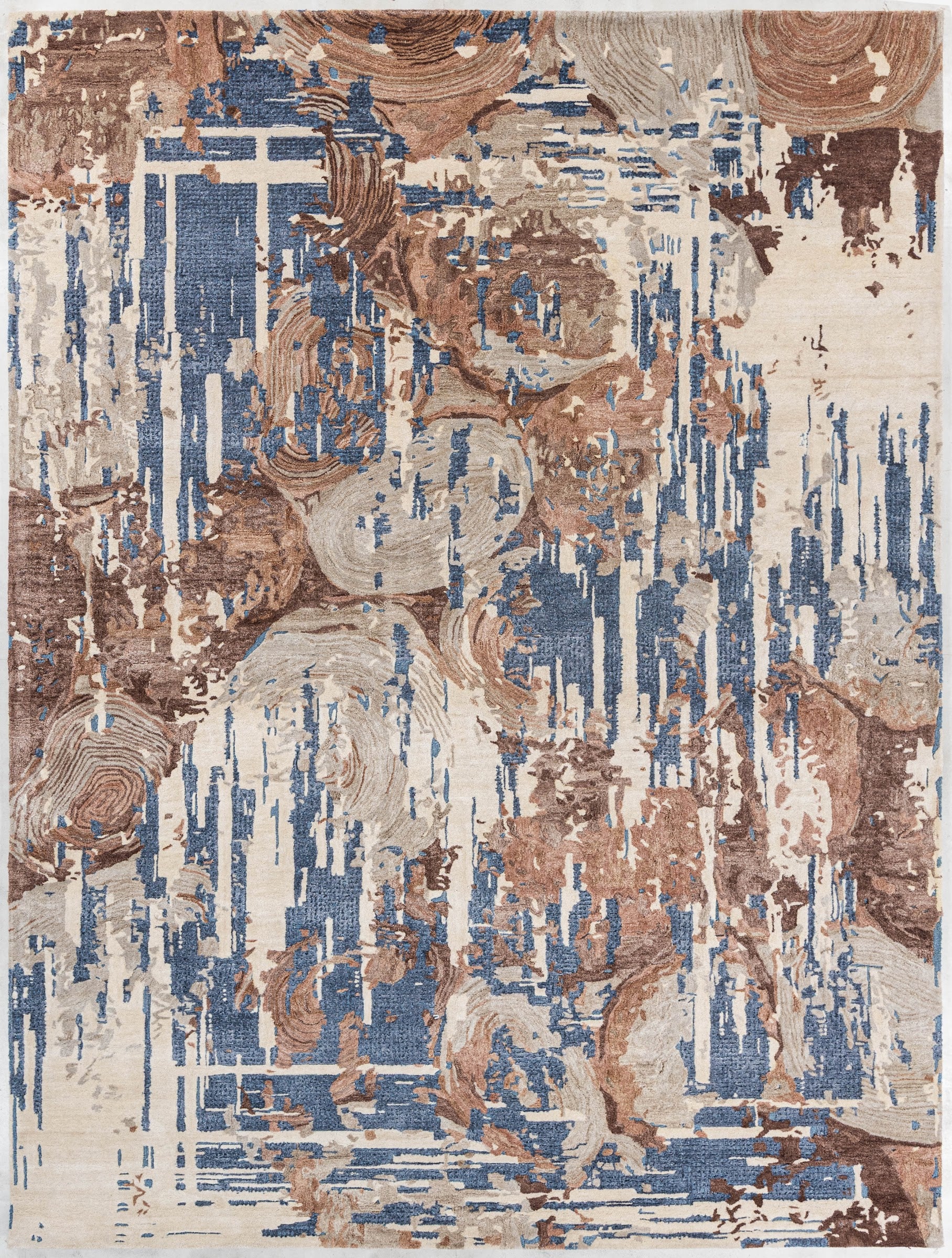 Ivory Brown handmade wool and silk rug in ivory, brown, taupe and denim blue