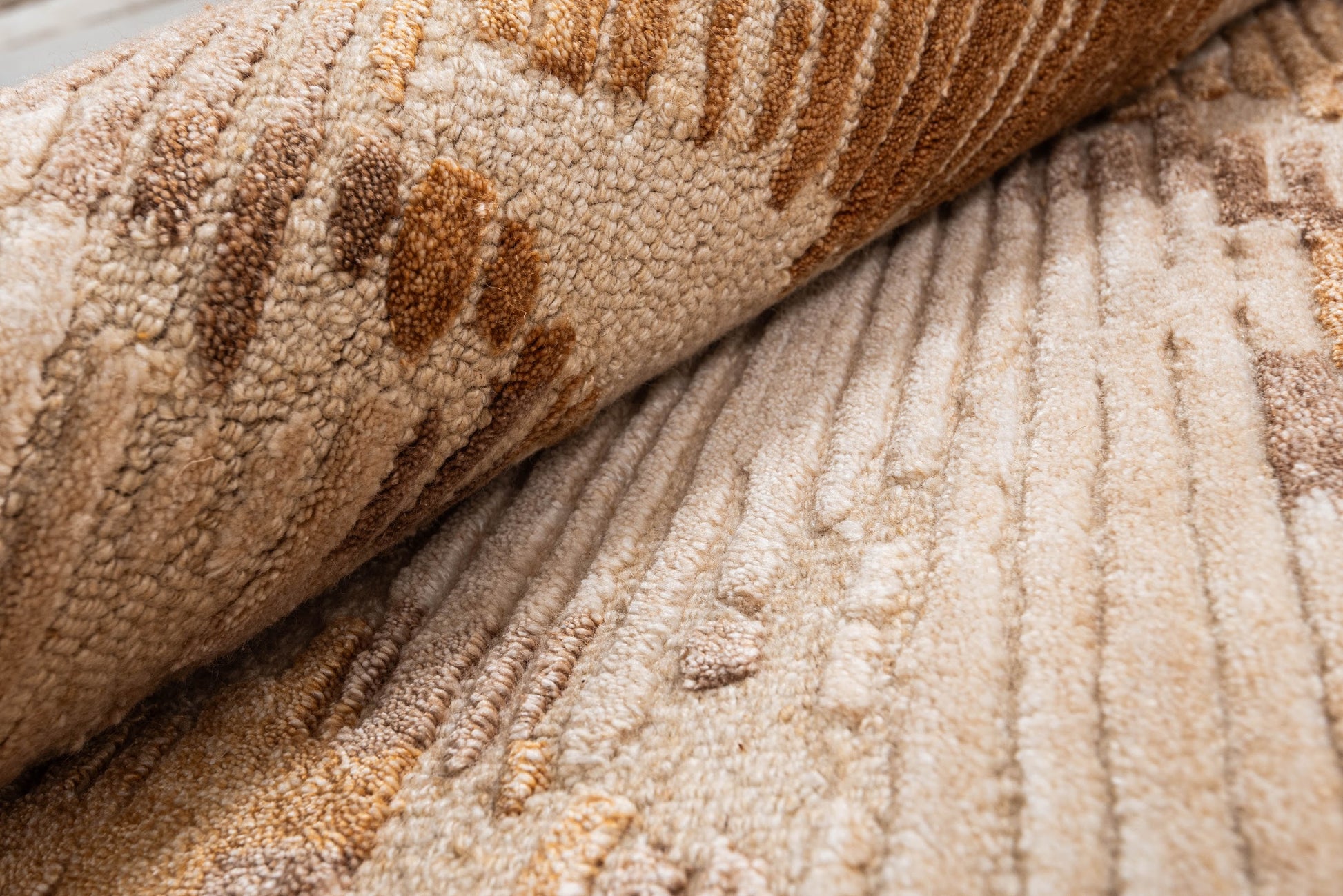 Beige Brown handmade wool and silk rug