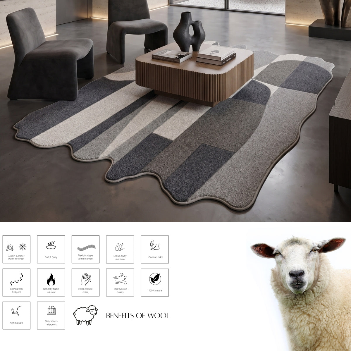 Beige, Grey & Black Abstract Stripe Wool Rug — Shaped 2