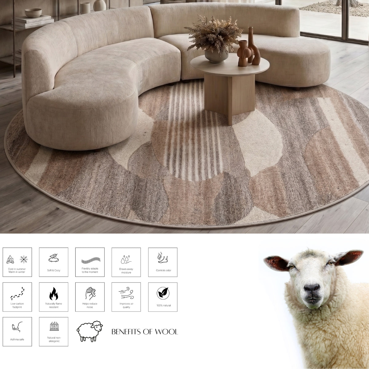 Ivory, Beige & Brown Geometric Border Wool Rug — Round 3
