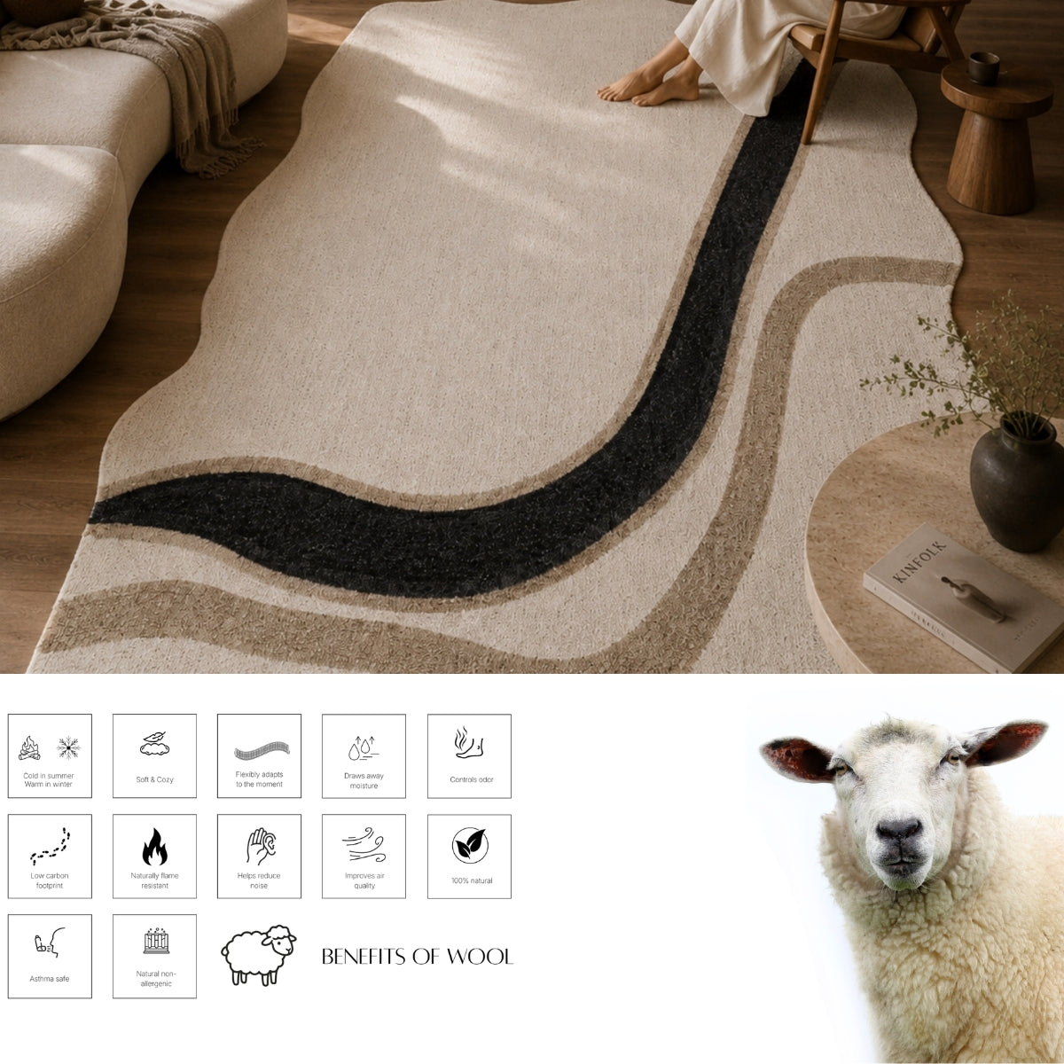 Taupe & Ivory Abstract Linear Wool & Silk Rug — Shaped 3