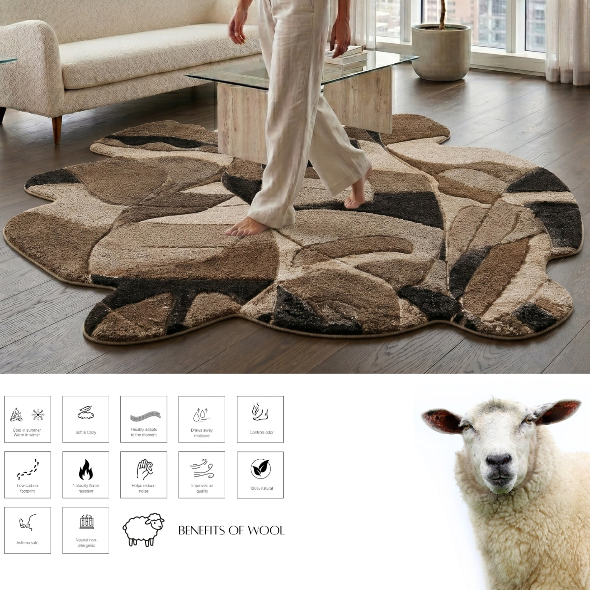 Beige & Ivory Abstract Organic Natural Wool Rug — Shaped 5