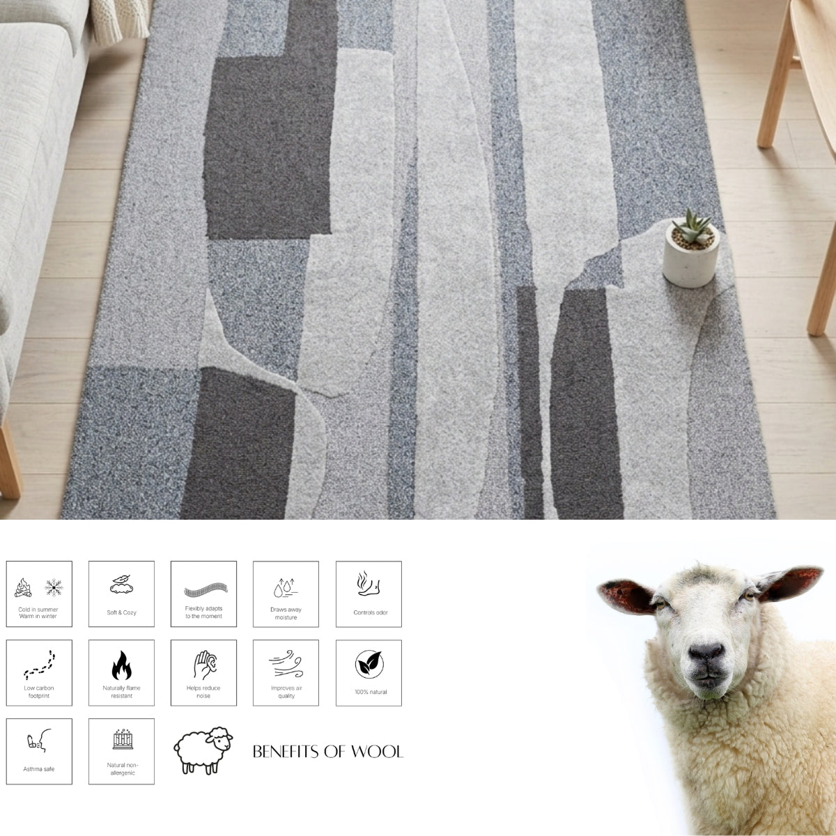 Silver Grey, Light Grey & Charcoal Abstract Wool Rug — Square 2