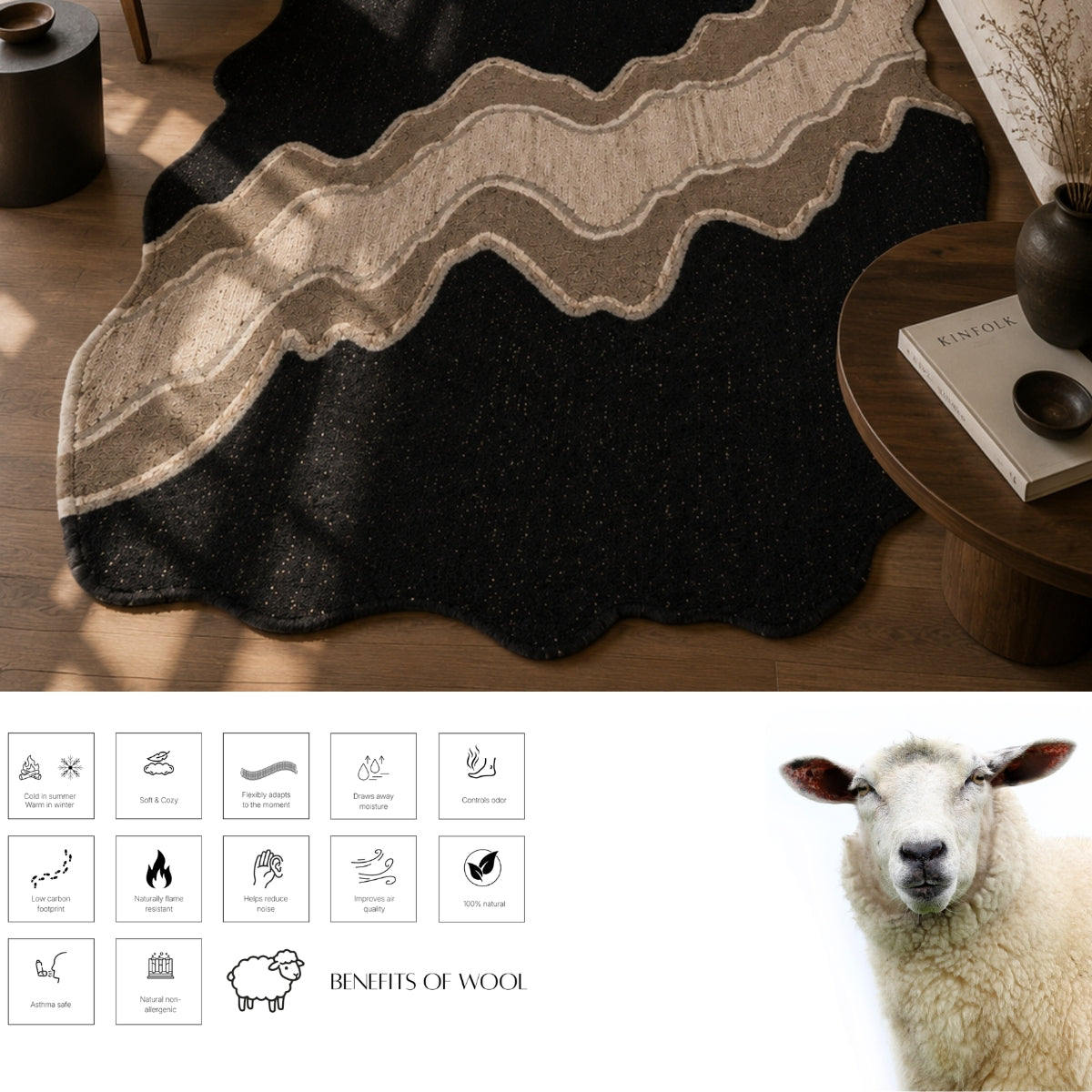 Ivory, Beige & Black Abstract Curve Natural Wool Rug — Shaped 3