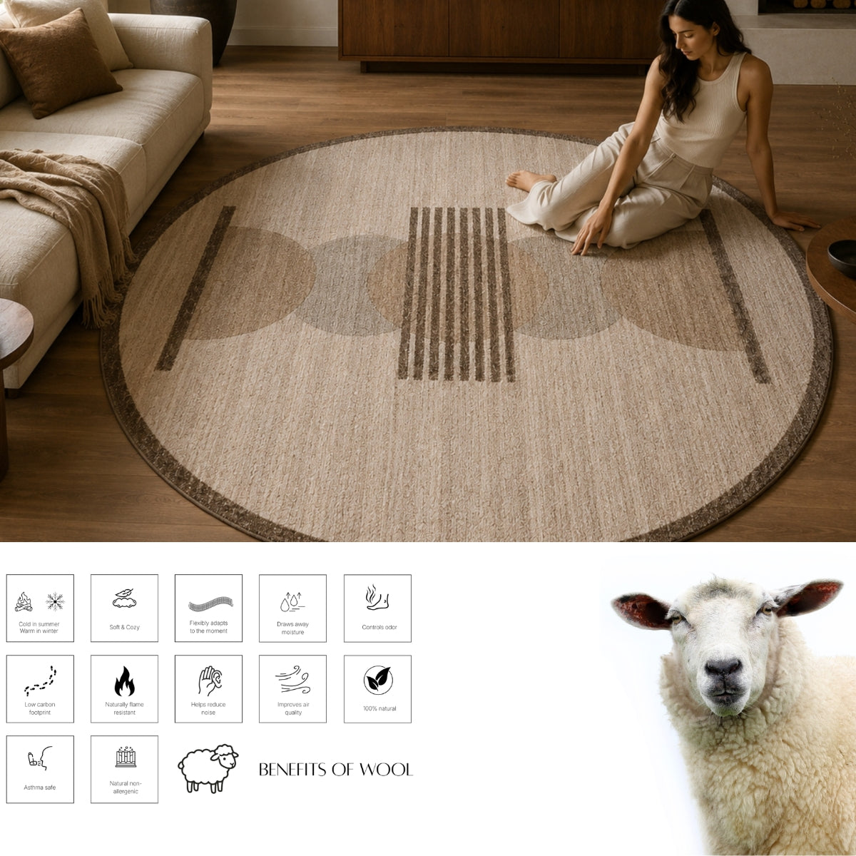 Brown, Beige & Black Abstract Organic Wool Rug — Round 3