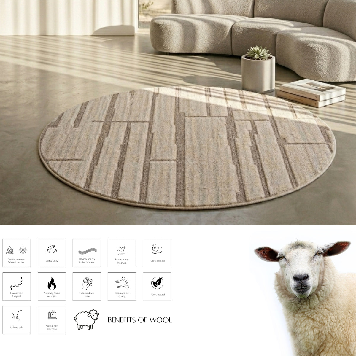 Ivory Beige Linear Textured Wool Rug — Round 2