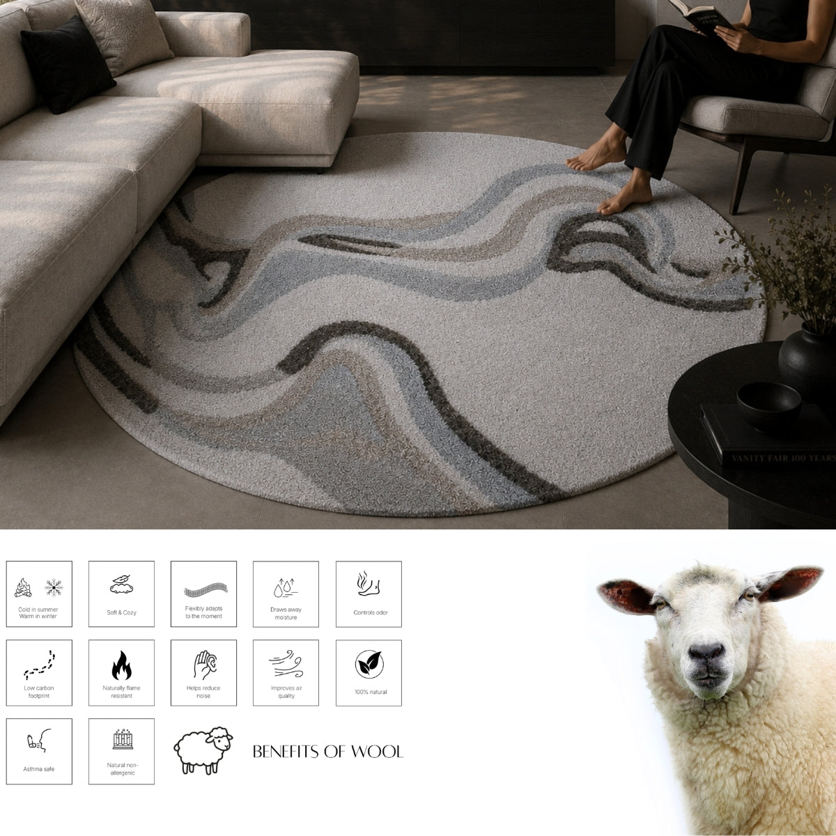 Ivory & Beige Abstract Wave Wool & Silk Rug — Round 3