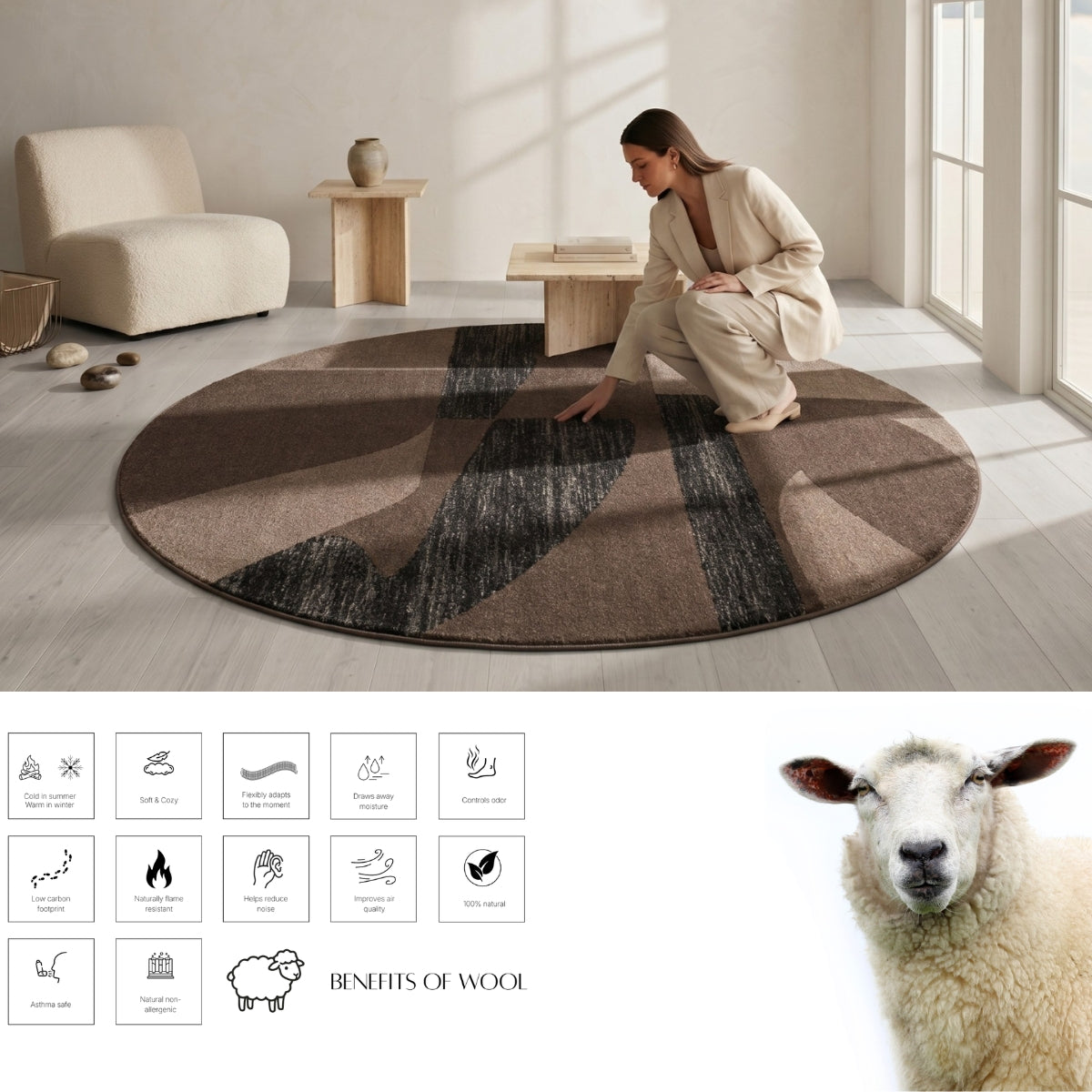 Brown, Taupe & Black Abstract Geometric Wool Rug — Round 3