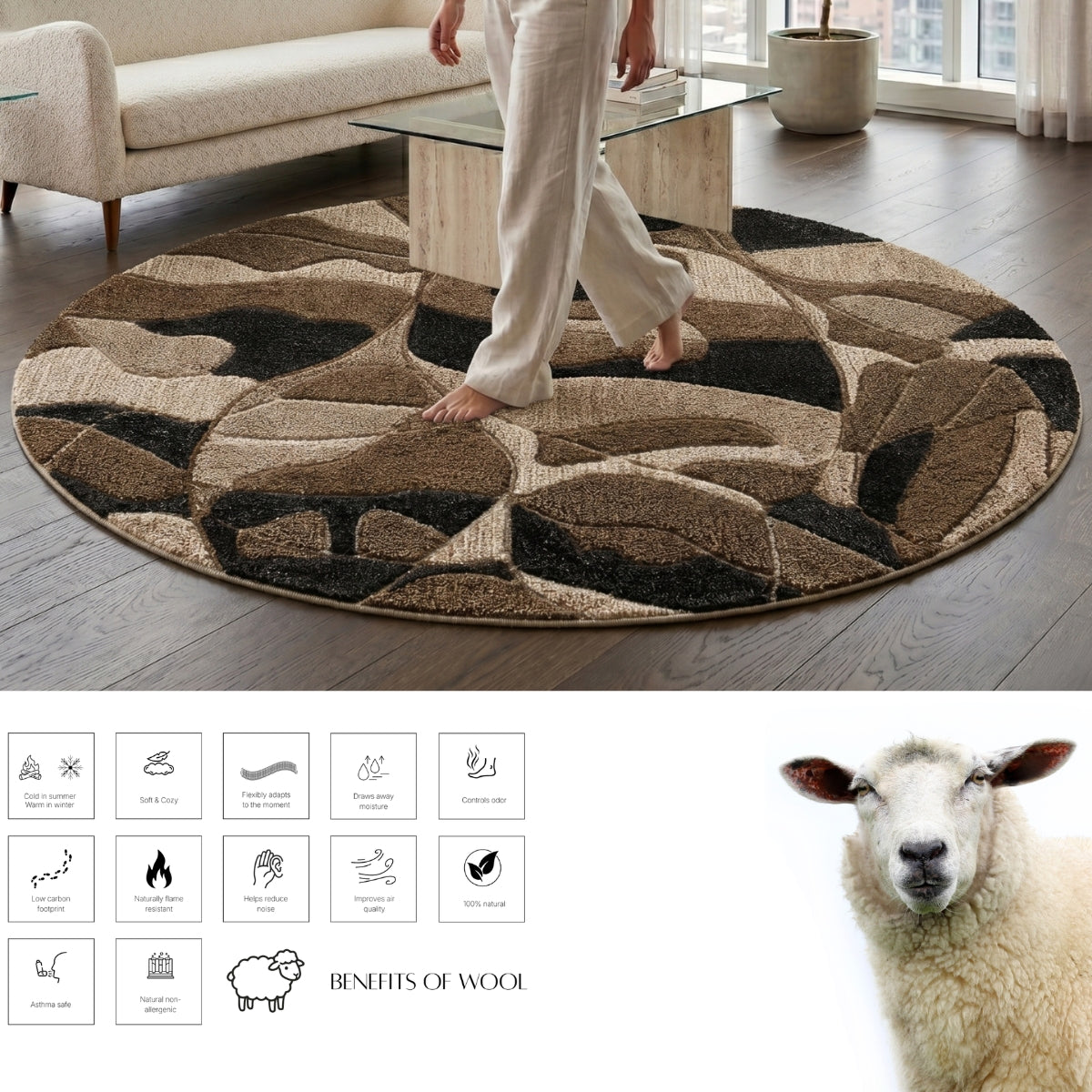 Beige & Ivory Abstract Organic Natural Wool Rug — Round 5